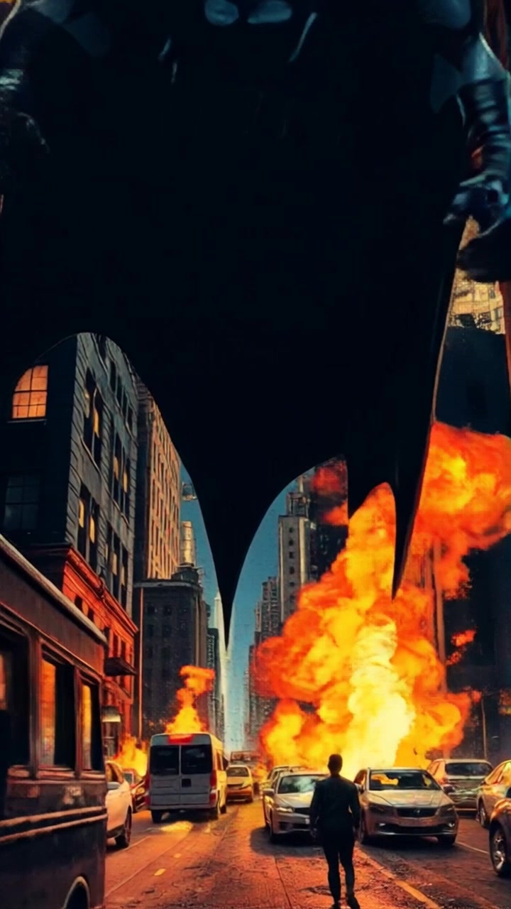 A dark, chaotic Gotham City, buildings crumbling, fires blazing in the streets.