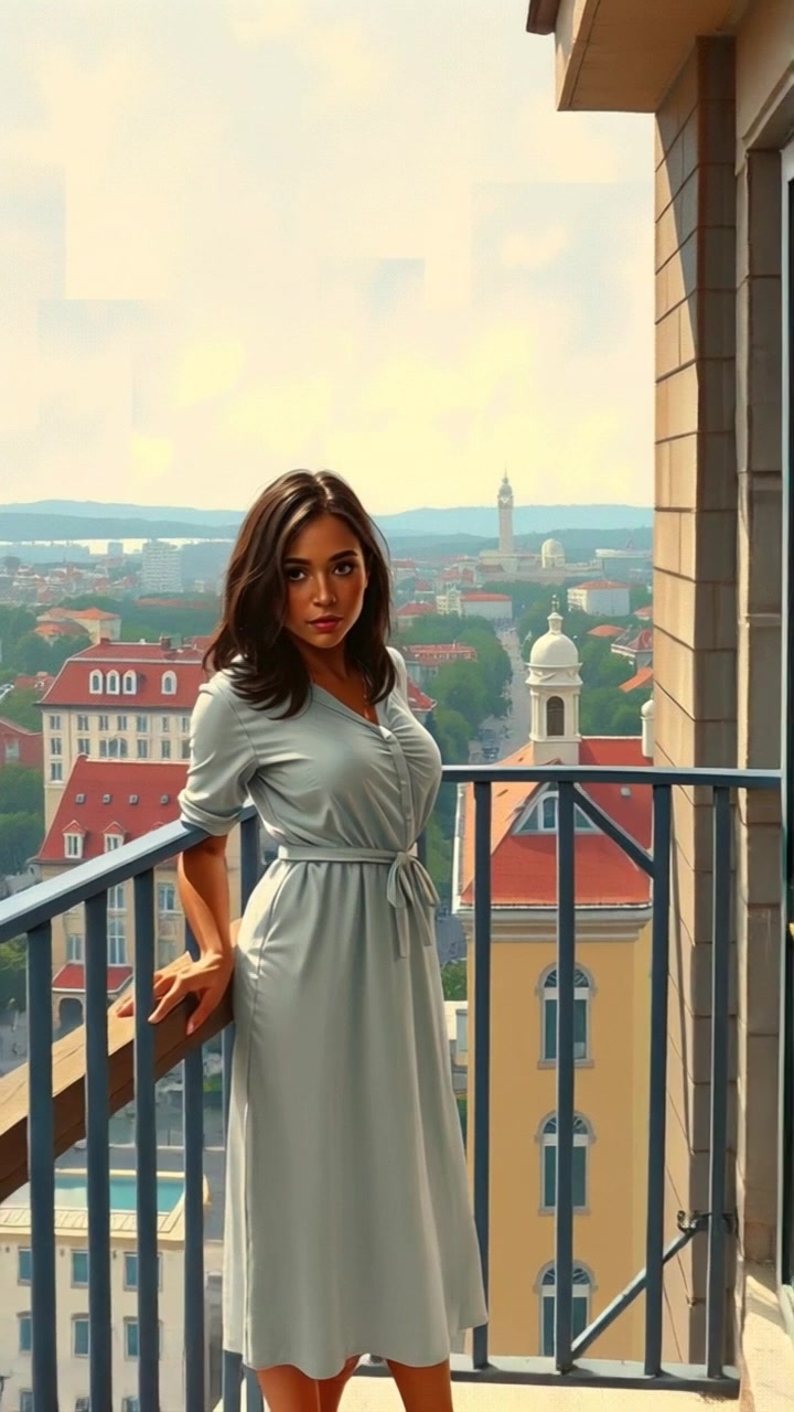 Subject: Individual standing on a balcony. Subject movement: The individual gazes thoughtfully over the vibrant cityscape, occasionally shifting weight and adjusting posture. Scene: A scenic city view from a balcony, featuring colorful buildings and bustling streets below. Style: Warm, golden-hour light envelops the scene, casting beautiful shadows. Motion: The camera performs a slow, sweeping zoom out from the balcony, capturing the expanse of the city and the dynamic energy of urban life.