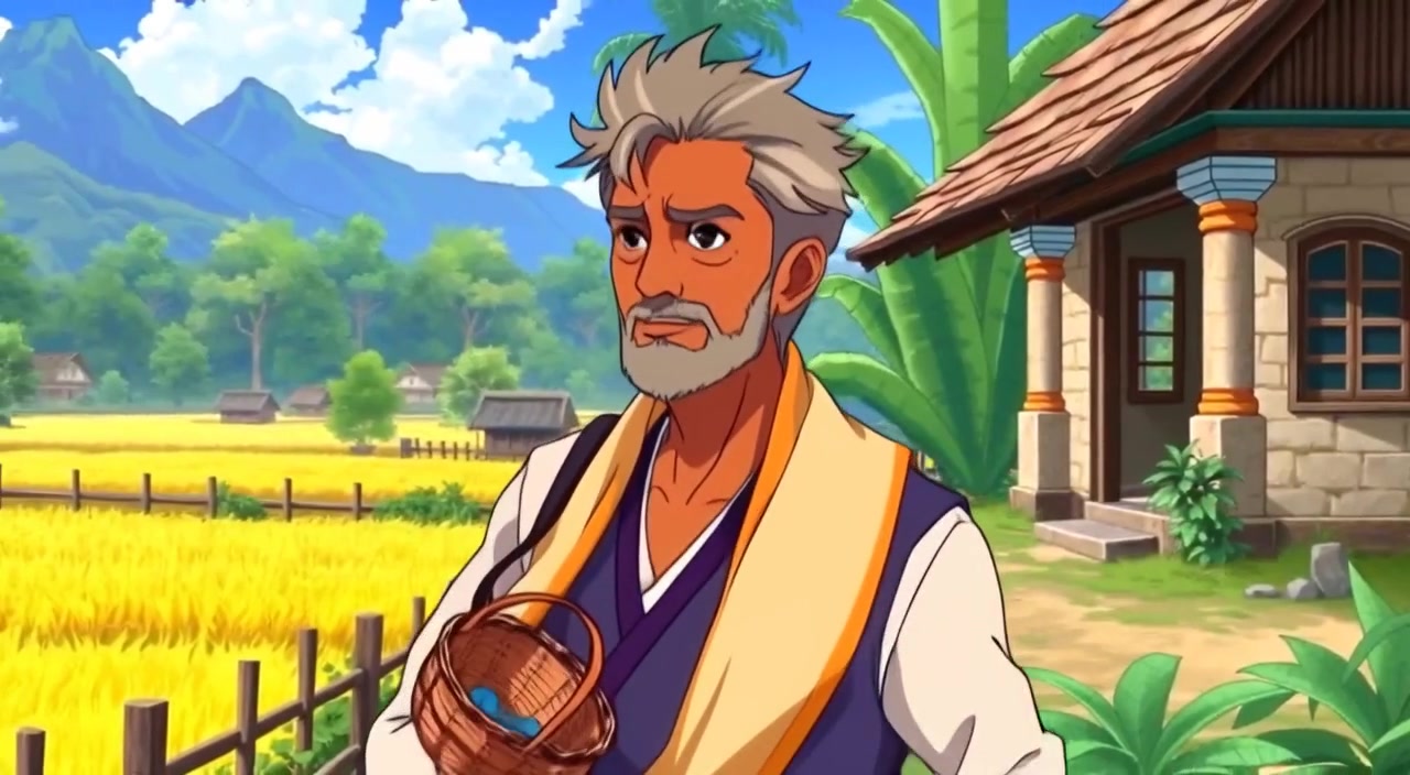 The man gently walks outside the village, glancing towards the lush fields while carrying a small basket.