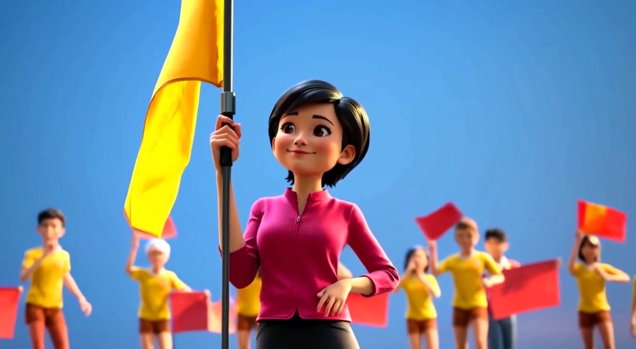 The woman stands confidently, holding a flagpole, as the team gently raises the flag behind her.