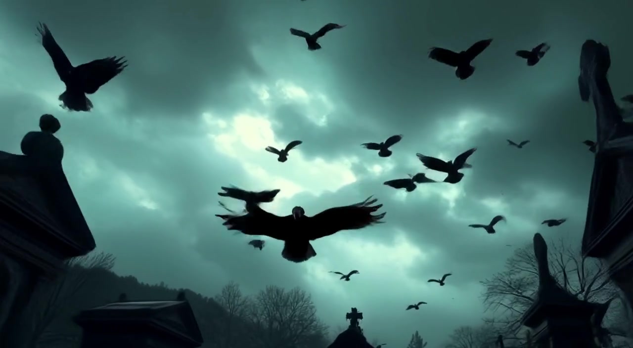 The cloudy sky filled with dark clouds and large black crows flying.