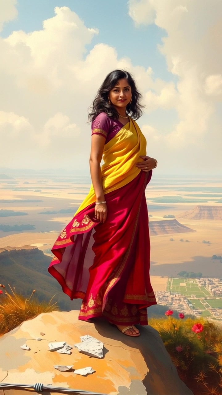 Subject: Rani Lakshmibai standing confidently atop a rocky hill. Subject movement: She gazes determinedly over the vast landscape of Jhansi, her attire billowing slightly in the wind. Scene: A rocky hilltop with a panoramic view of the sprawling landscape below, featuring greenery and distant hills. Style: Warm, golden-hour lighting illuminating the terrain, creating a majestic atmosphere. Motion: Camera slowly pushes in from a wide shot to a medium close-up of Rani Lakshmibai, capturing the intensity in her expression as the landscape unfolds behind her.