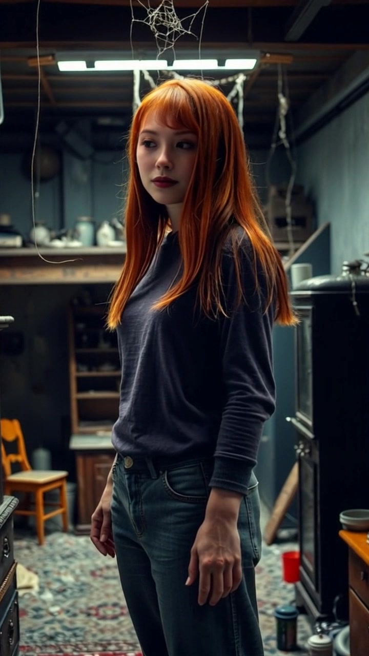 Subject (Build: Slender, Hairstyle: Long brown hair, Clothing: Vintage dress, Facial features: Curious expression, Body posture: Still) + Subject movement (Turn head to look around) + Scene (Attic filled with old furniture and cobwebs) + Camera Language (Slow zoom in) + Lighting (Dim, filtered through dust particles) + Atmosphere (Mysterious, nostalgic)