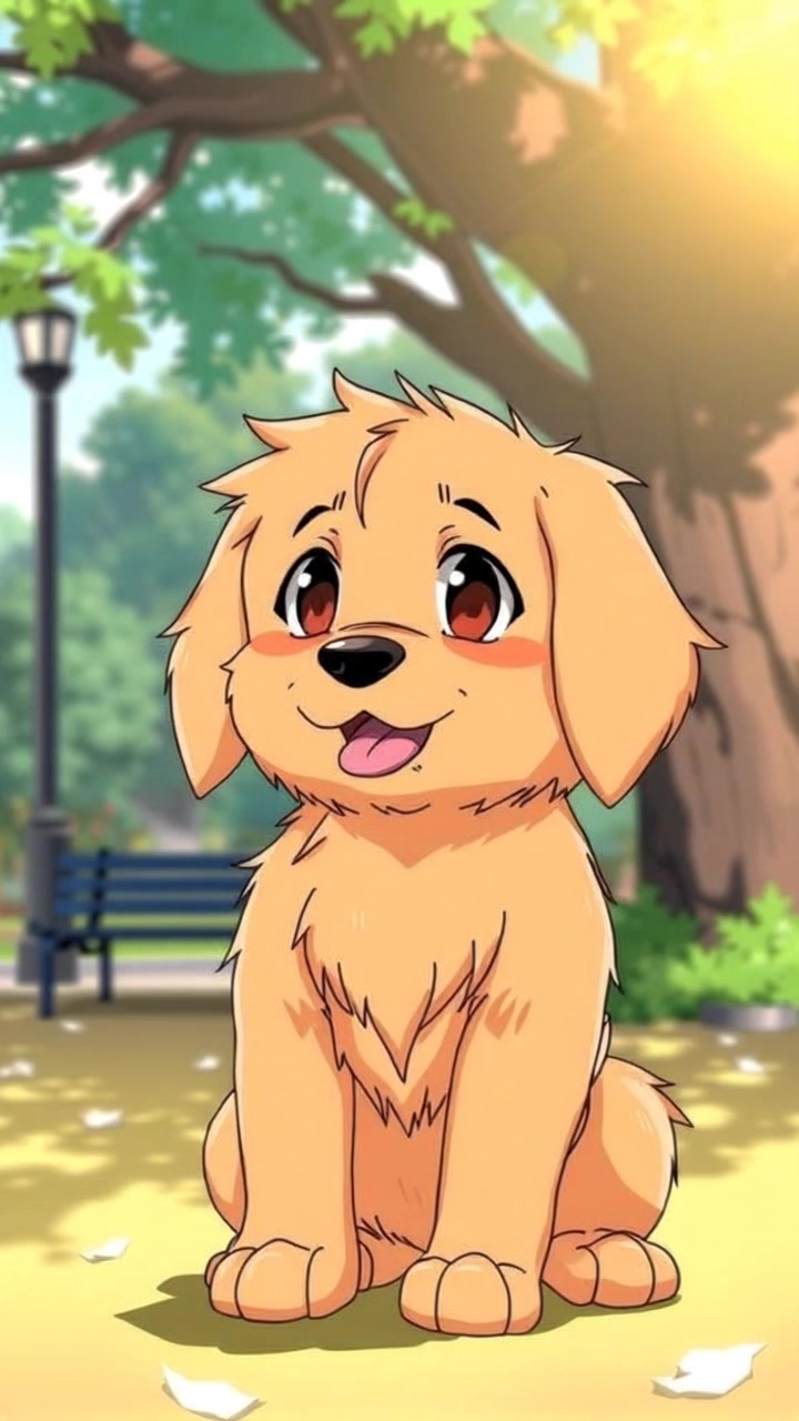 A close-up of the golden puppy with big brown eyes, sitting under the tree with its head tilted.