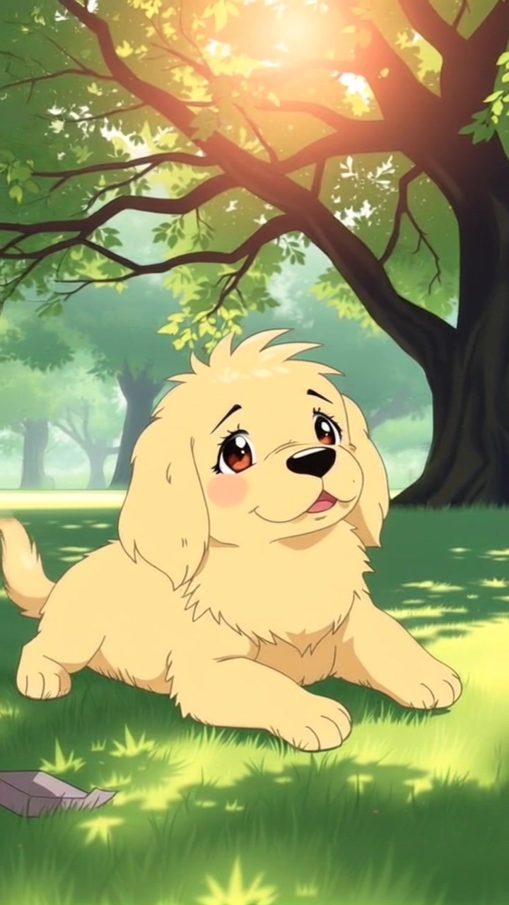 The golden puppy with a wagging tail, resting on the grass, looking tired and hungry.