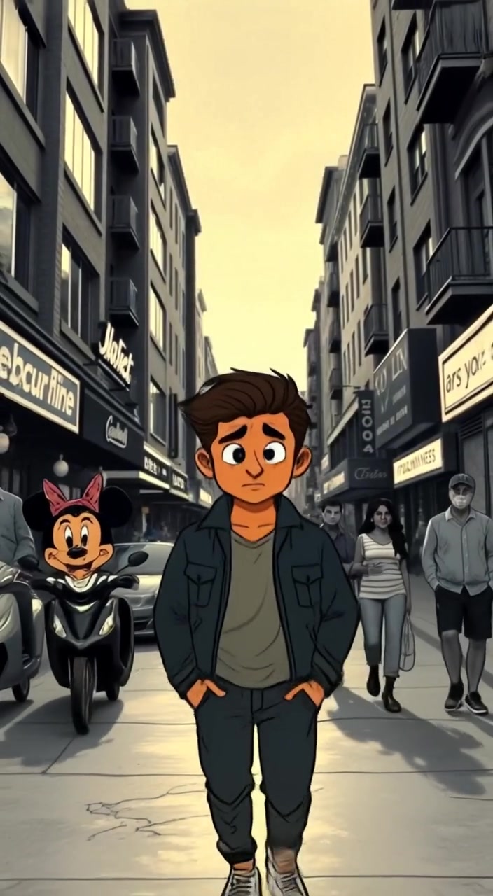 A man walks slowly down a busy urban street, deep in thought, as evening lights begin to glow.