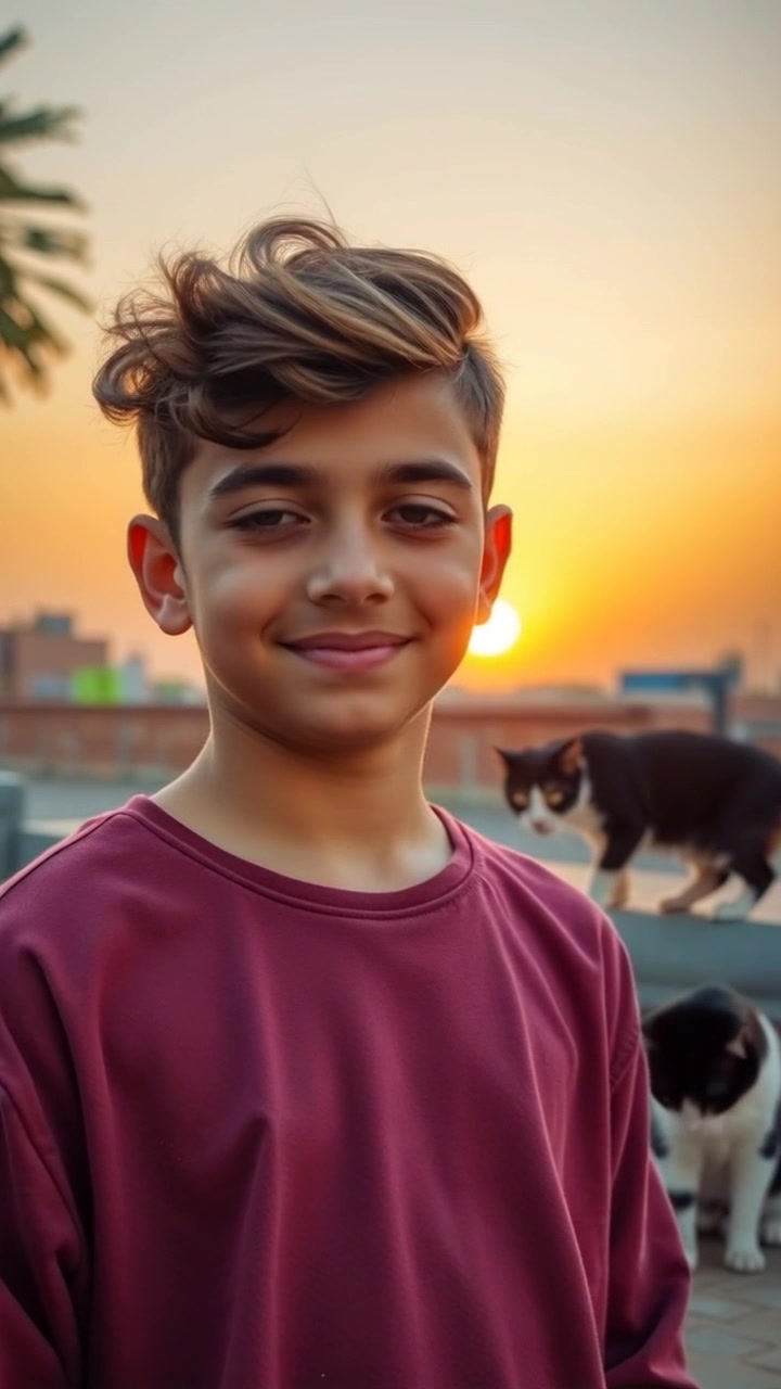 A young Muslim boy stands outside at dawn, with the rising sun behind him.