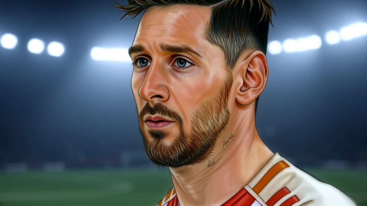 Subject (Close-up portrait of Lionel Messi in his soccer uniform, thoughtful expression) + Subject movement (Staring into the distance) + Scene (Empty soccer field with stadium lights in the background) + Camera (Slow zoom in) + Lighting (Spotlight on Messi) + Atmosphere (Contemplative)