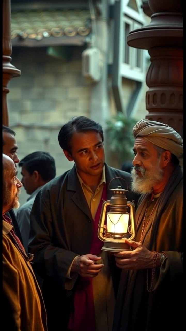 Scene: A group of men gathered in a quaint village, animatedly discussing their desires while gathered around a flickering lantern that casts warm, dancing shadows. Style: Soft ambient lighting enhancing the intimate atmosphere of the night. Motion: Camera moves in for a close-up on the lantern, capturing the enchanting glow, then pans slowly to reveal the expressions on the men's faces, reflecting their hopes and dreams.