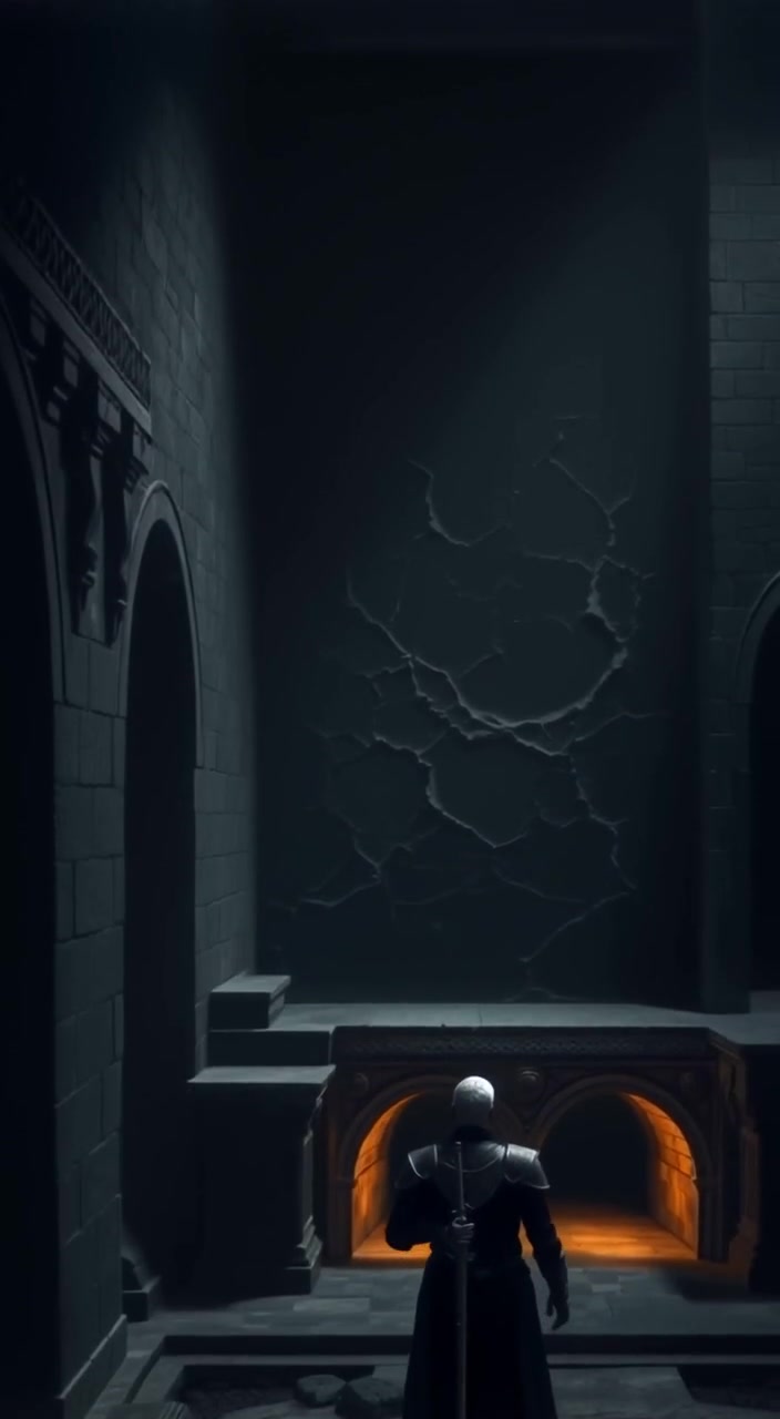 Shadows flicker gently across the cracked walls of the cold, dimly lit room.