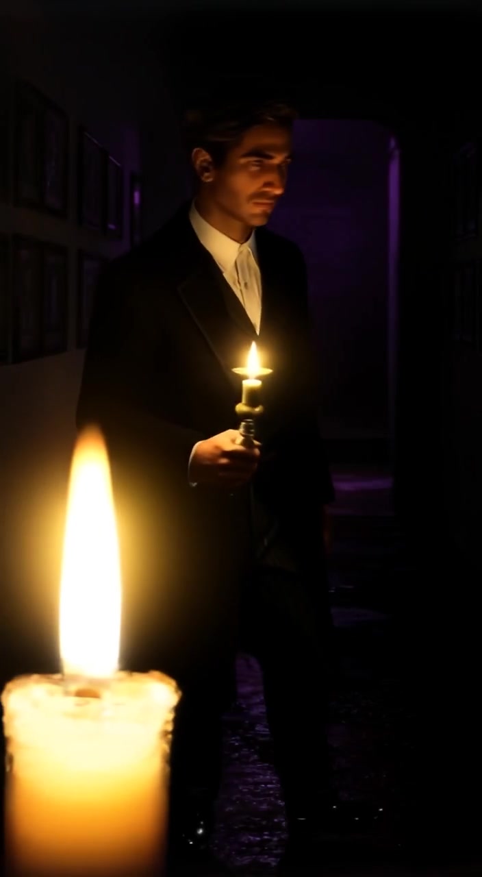 A candle flickers gently as the man walks past framed pictures on the dimly lit wall.