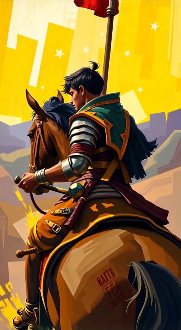 The warrior rides gently into the golden horizon, armor glinting as the wind tousles his hair.