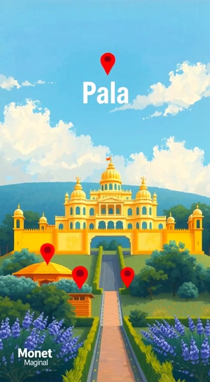 Clouds gently drift across the blue sky above the ornate palace nestled on the hill.