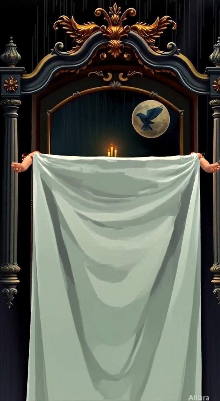 The figure gently drapes a white cloth over the large, ornate mirror in the dimly lit room.