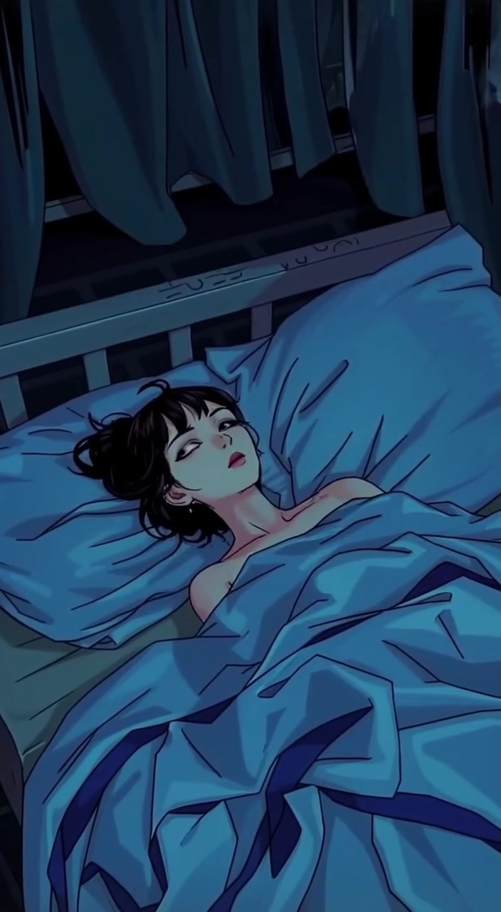 The woman shifts under the covers, gazing thoughtfully at the dimly lit room as shadows dance on the walls.
