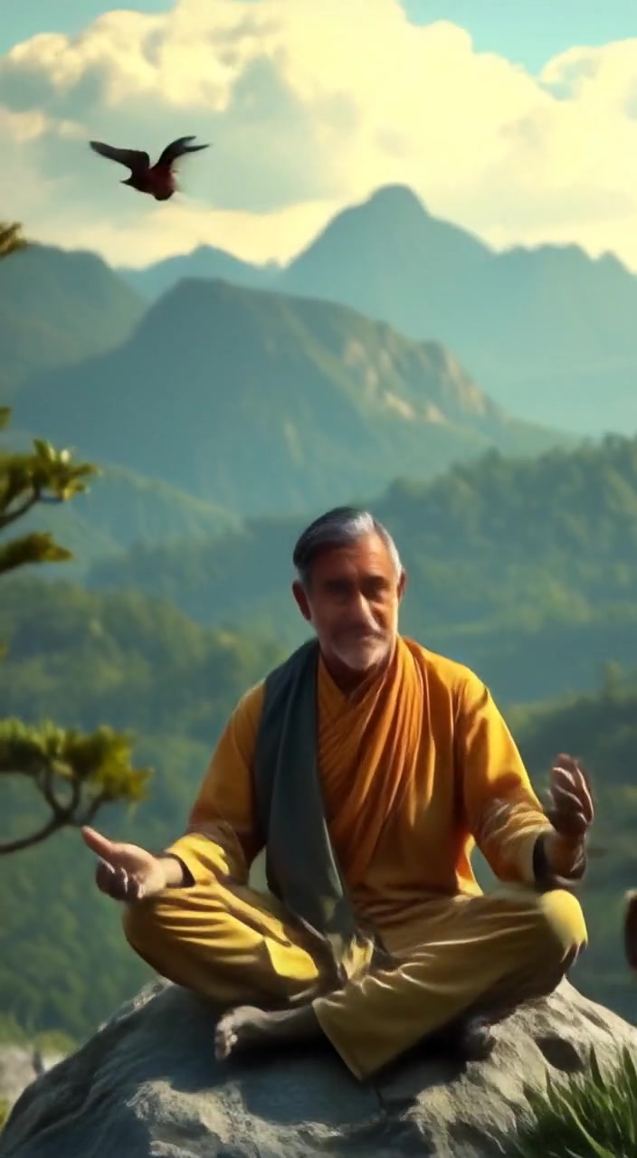 The man gently observes the mountains as birds soar through the clear sky above him.
