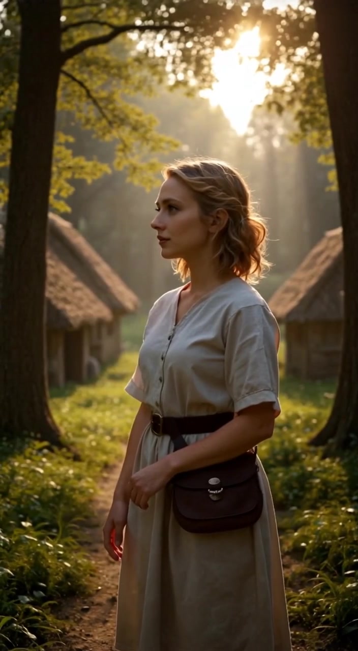 The woman gazes into the trees as her hair gently blows in the wind at the forest's edge.