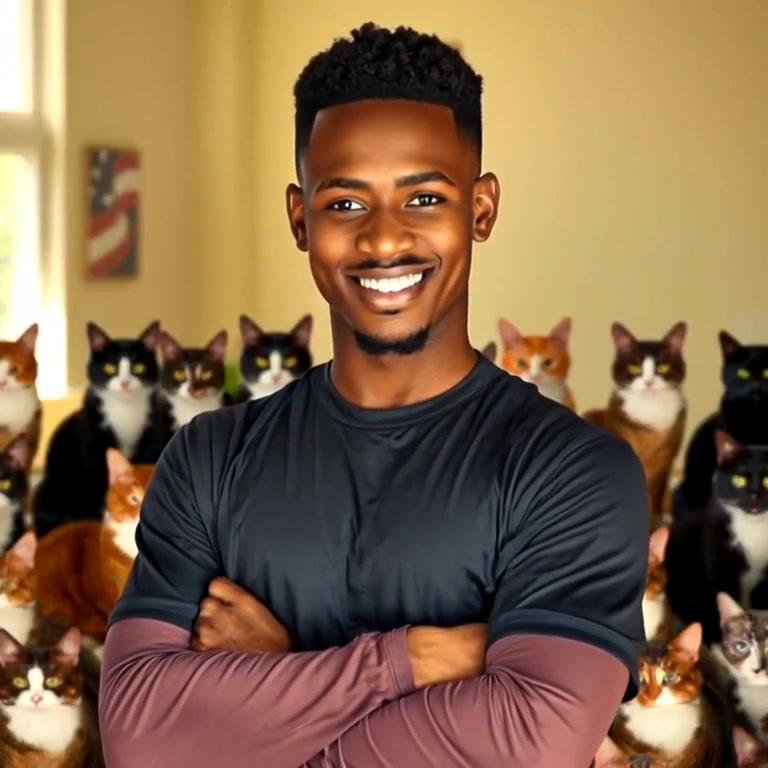 The man smiles gently while the camera slowly zooms in on his confident expression.