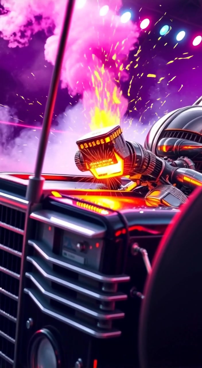 The car engine revs powerfully, sparks flying and steam rising, creating an intense atmosphere around it.