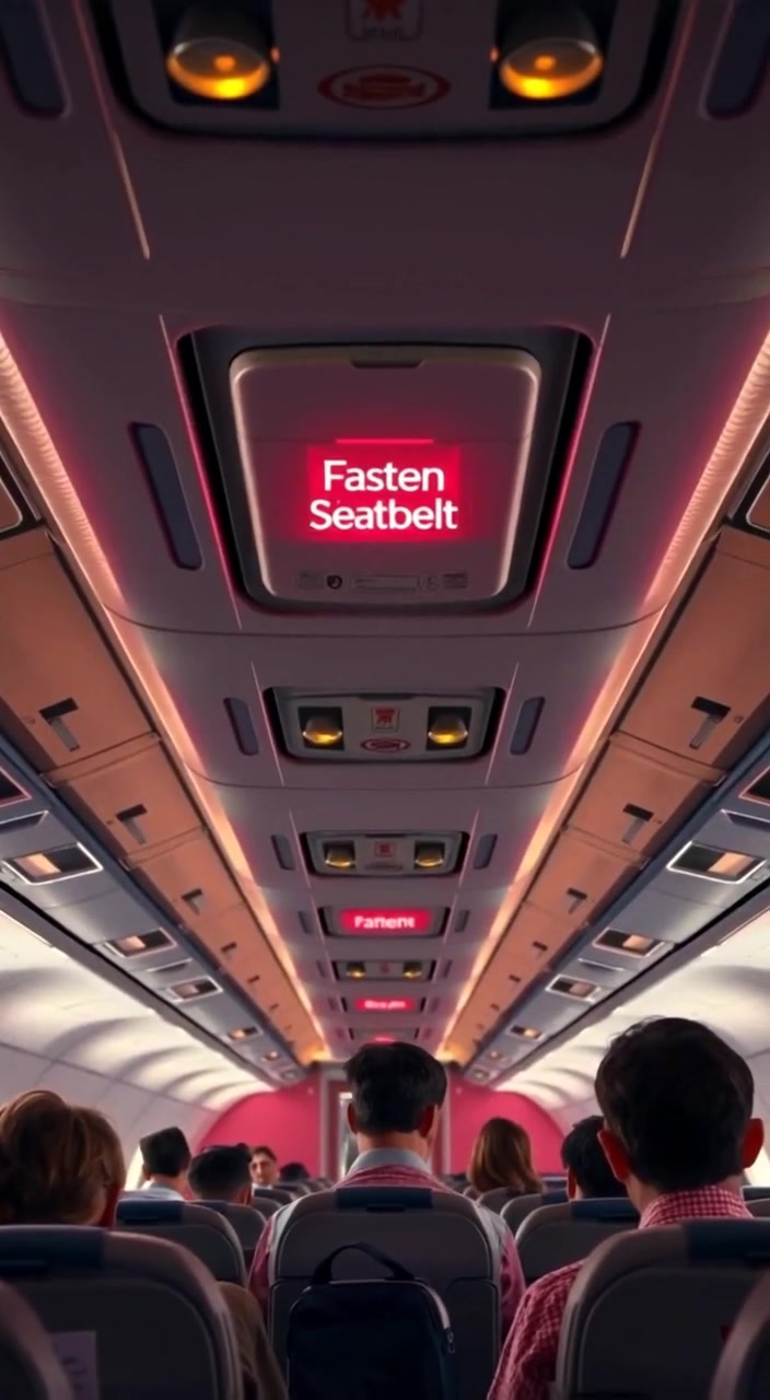 The airplane cabin gently sways as passengers adjust their seats while the 'Fasten Seatbelt' sign glows softly above.