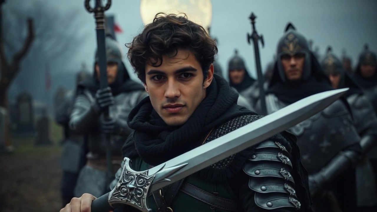 Subject: A determined warrior standing ready for battle, gripping a greatsword. Subject movement: The warrior shifts slightly, muscles tensed and focused, as his fellow knights surround him, preparing for the impending conflict. Scene: A medieval battlefield filled with knights clad in armor, a foreboding sky overhead, accentuating the tension. Style: Dramatic lighting, with heightened contrasts highlighting the metallic gleam of the armor and the anticipation in the air. Motion: Camera slowly zooms in on the warrior's intense expression, then spins around him to capture the surrounding knights, emphasizing the camaraderie and the weight of the moment.