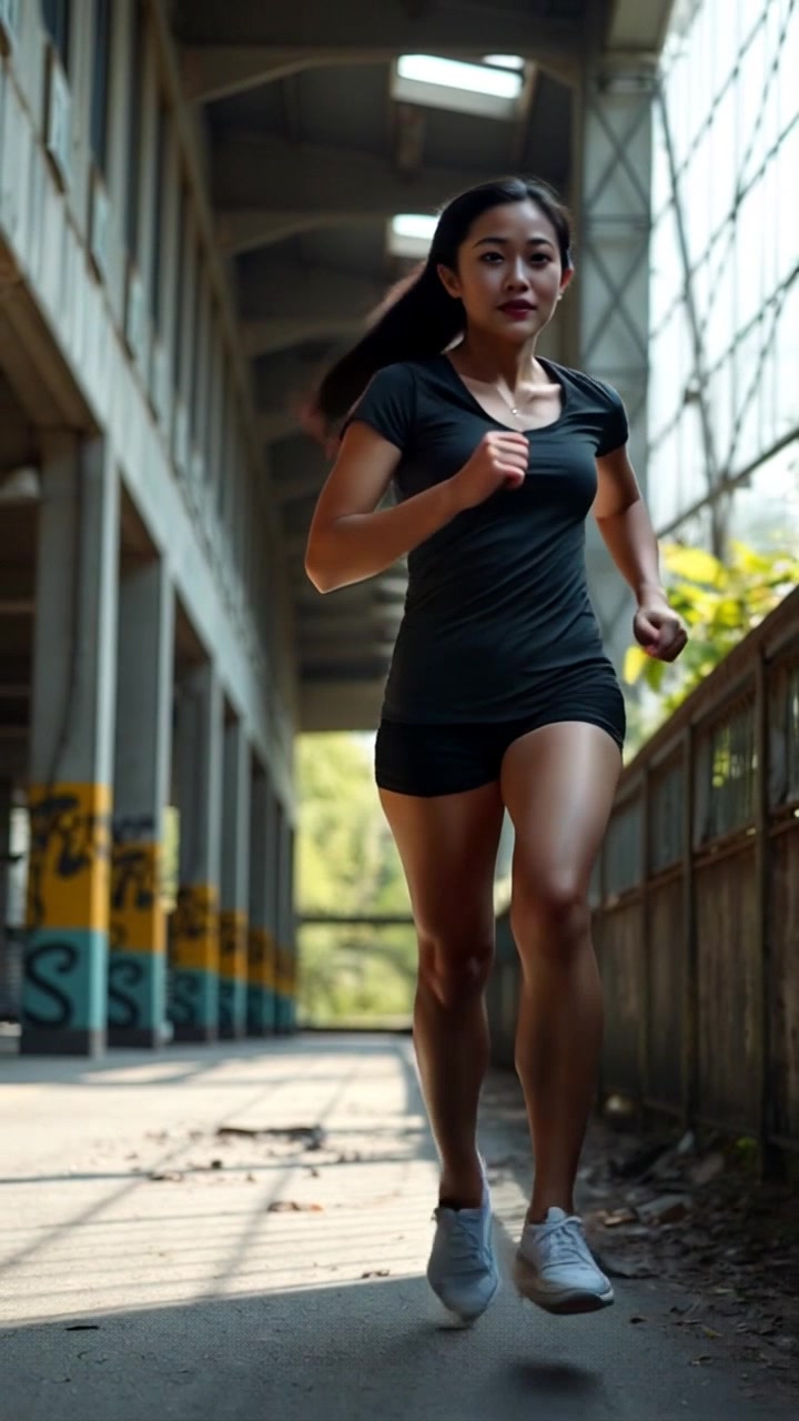 Subject: A determined jogger in a sports outfit, running along a scenic path. Subject movement: The jogger pushes forward with effort, displaying visible fatigue but unwavering focus. Scene: A winding path through a lush park, with trees lining the sides and a clear blue sky above. Style: Natural morning light filtering through the leaves, creating dappled shadows on the ground. Motion: Camera follows closely behind the jogger, capturing their strides and the surrounding scenery in a dynamic tracking shot.