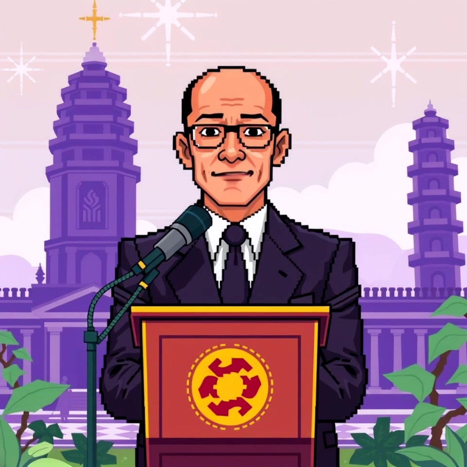 Harli Siregar, in a formal dark suit, stands confidently behind a podium with a backdrop of the Kejagung building. Slowly zoom in on Harli's face as he begins a powerful speech. The lighting is focused on Harli, creating a dramatic atmosphere.