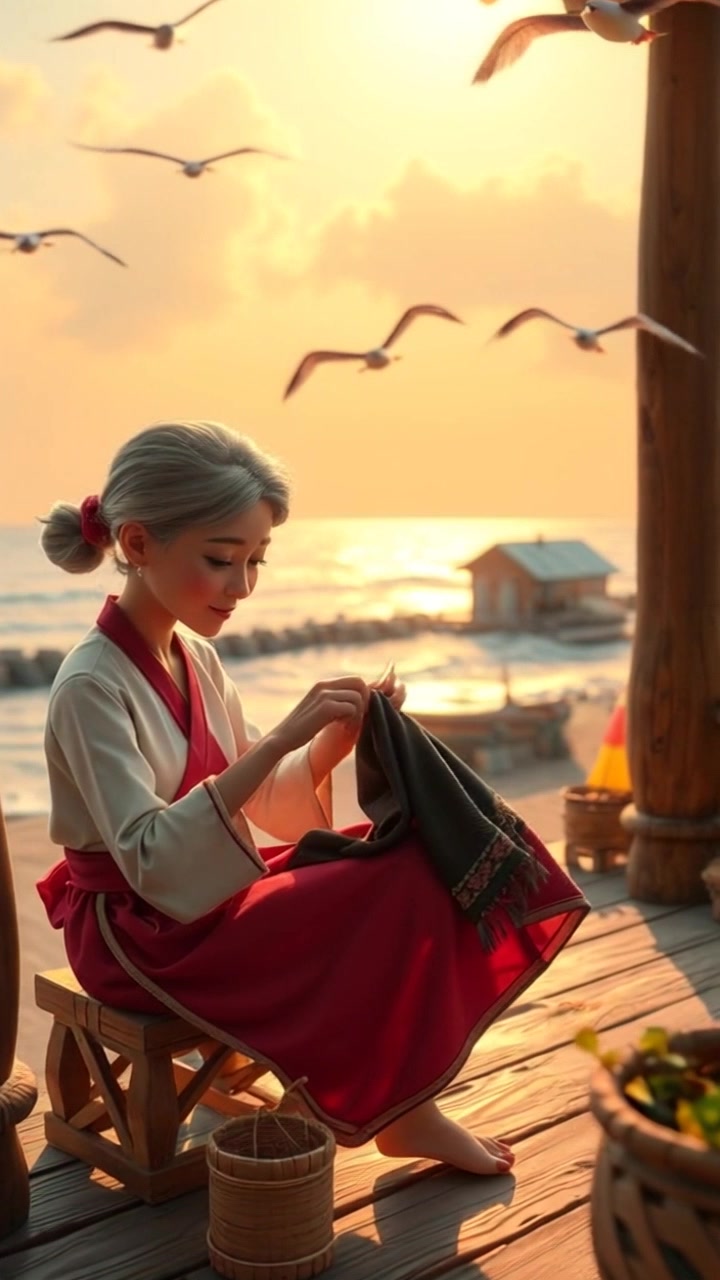 Ibun sitting on a porch, sewing while gazing at the village in the distance.