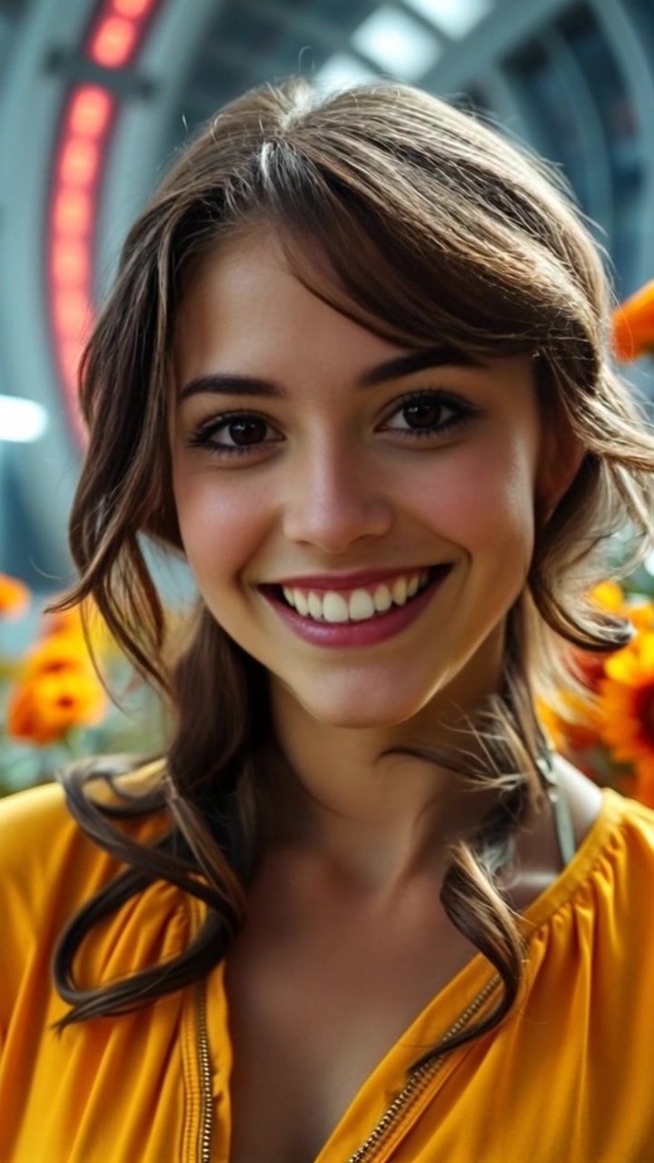A close-up portrait of Grace, smiling brightly, with colorful flowers in the background.
