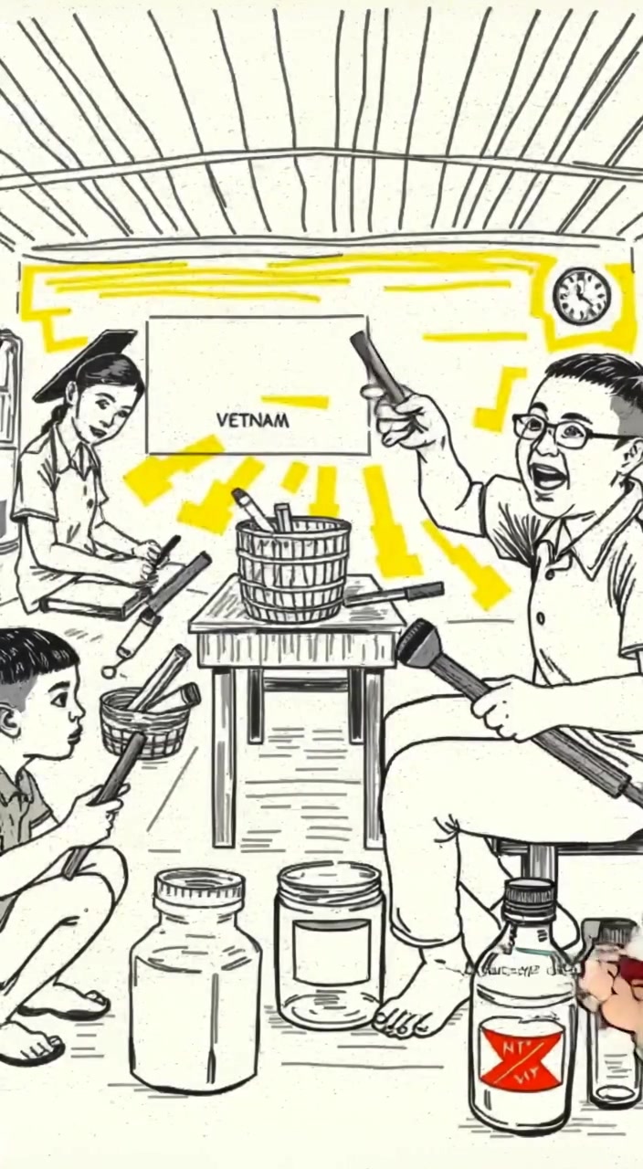 Children attentively listen as a teacher gently demonstrates a handmade tool in a sunlit rural classroom.