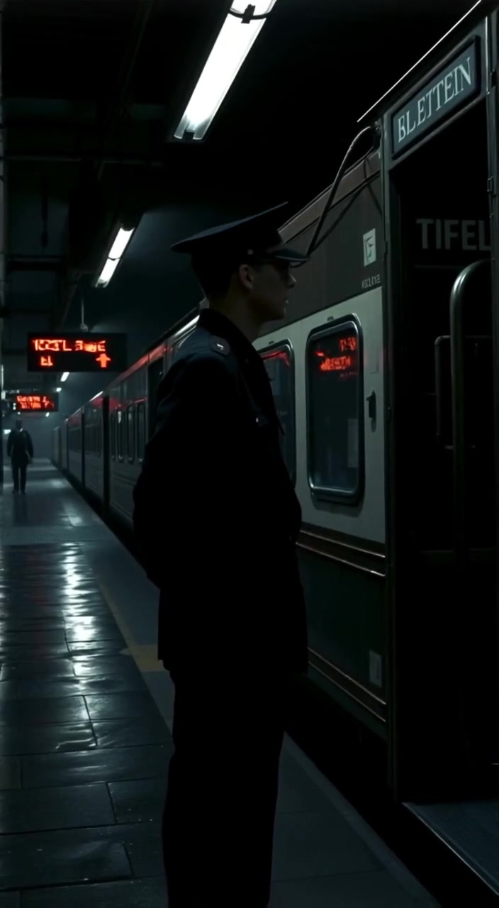 A train station with a ticket collector in uniform standing near the entrance, looking expectantly.