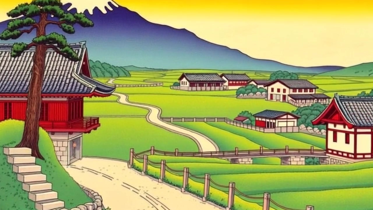 Scene: A picturesque view of a small village with traditional houses lining a winding dirt path, surrounded by lush green fields. Style: Soft, natural light creating a warm atmosphere, emphasizing the vibrant greens of the fields and the rustic charm of the village. Motion: The camera smoothly glides along the dirt path, capturing the tranquil beauty of the scene as it leads deeper into the village, showcasing the quaint architecture and serene landscape.