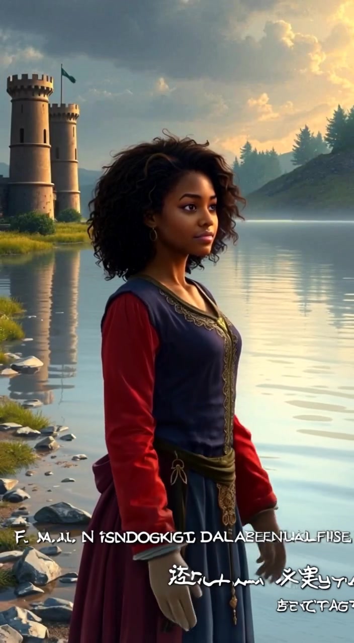 The woman gazes thoughtfully at the river, the water gently lapping at the shore.