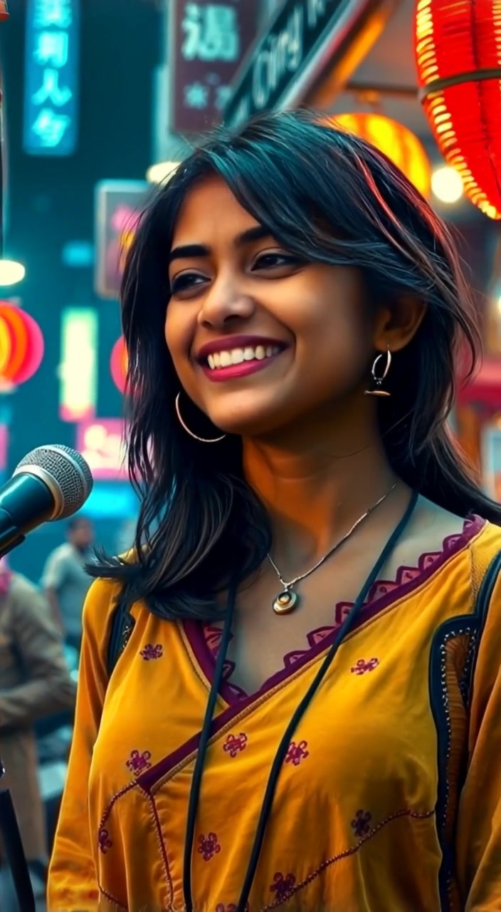 The girl gently sways to the music, her smile radiant against the colorful backdrop of the lively night market.
