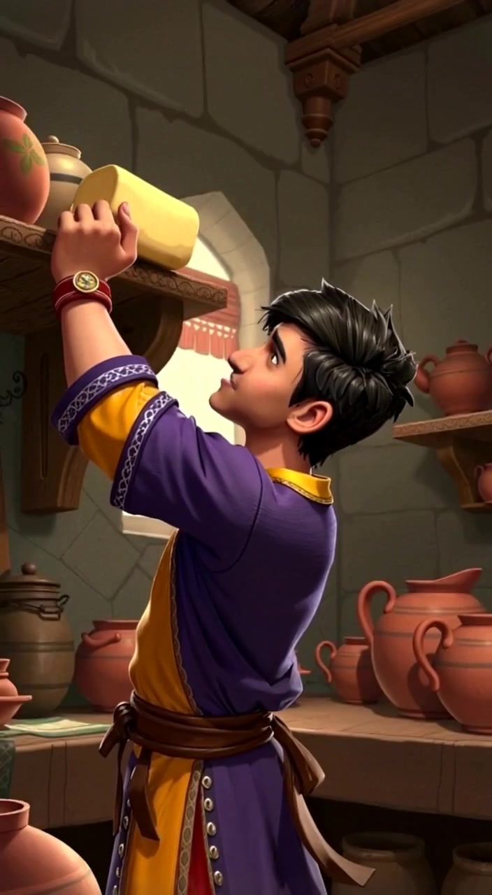 The boy stretches on his toes, reaching for the butter on a high shelf in the cozy kitchen.