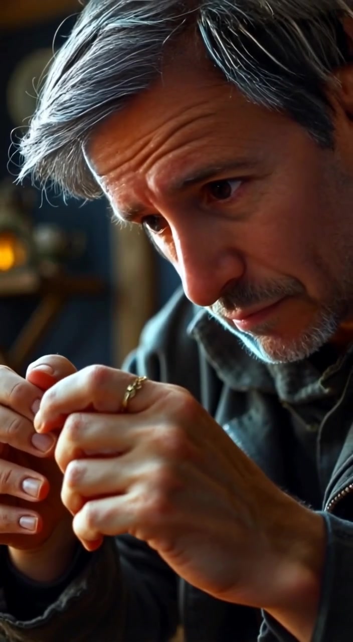 The man delicately manipulates a strange object, his hands moving slowly and purposefully as he concentrates.