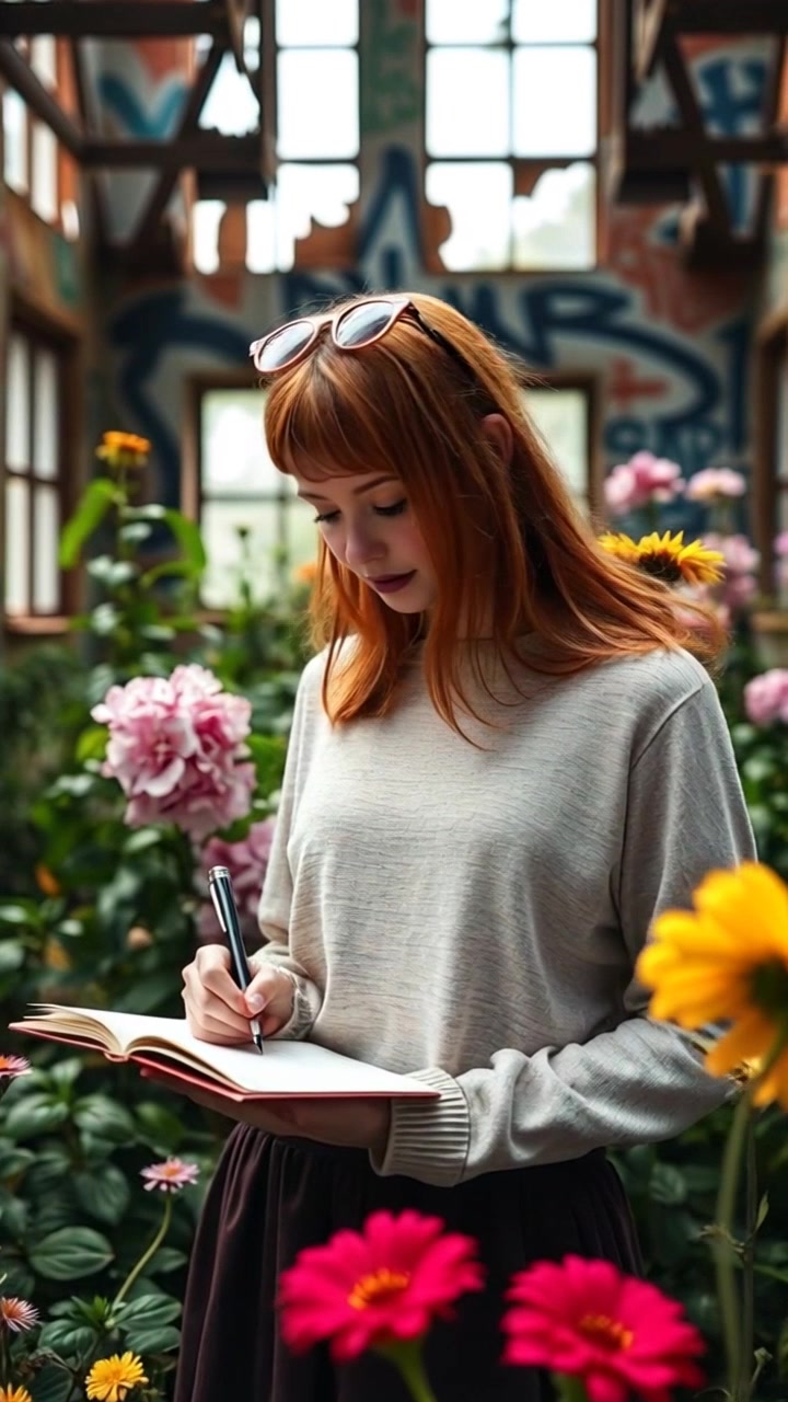Subject: A person writing in a notebook. Subject movement: The person shifts slightly as they write, looking up occasionally to admire the blooming flowers. Scene: A vibrant garden filled with colorful, blooming flowers surrounding the person. Style: Bright, natural lighting highlighting the vivid colors of the flowers and the person's focused expression. Motion: The camera slowly zooms in on the person, capturing the intricate details of their writing and the surrounding flora, creating an inviting and serene atmosphere.