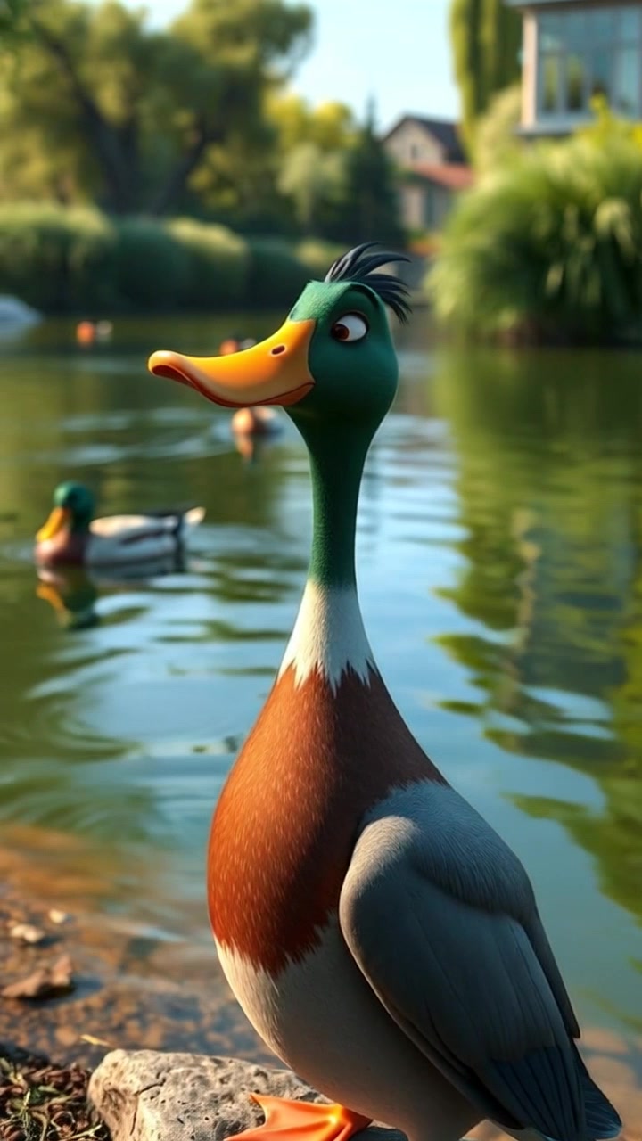 Dudley, the duck, standing on the edge of the pond, looking out over the water with a pensive expression.
