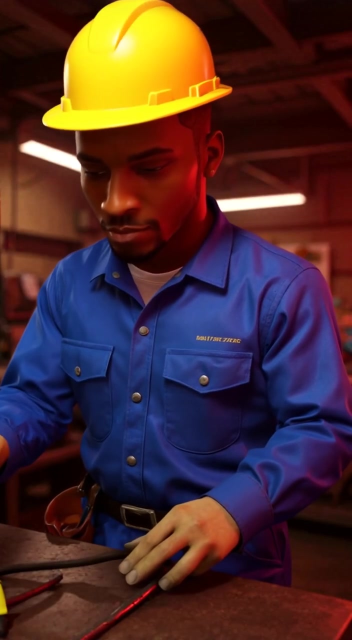 The man gently examines tools on the workbench in the bustling mechanical workshop.