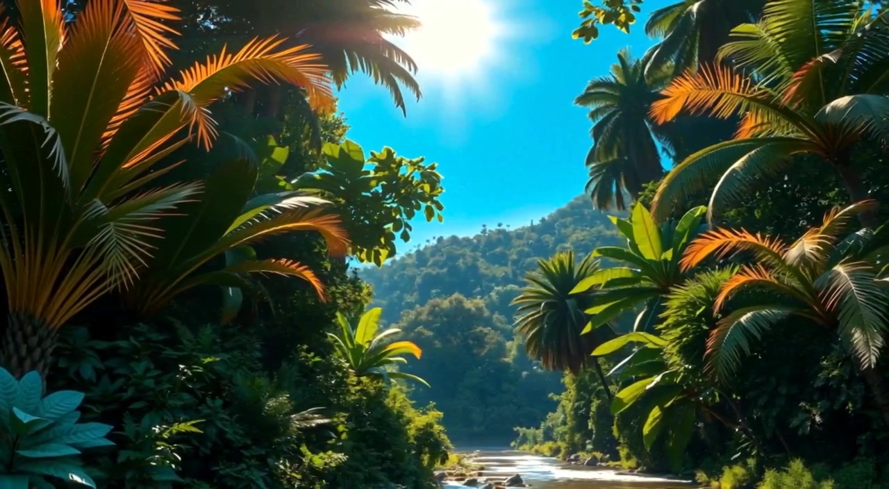 A dense, lush jungle with tall trees and vibrant greenery, highlighting a clear blue sky above.