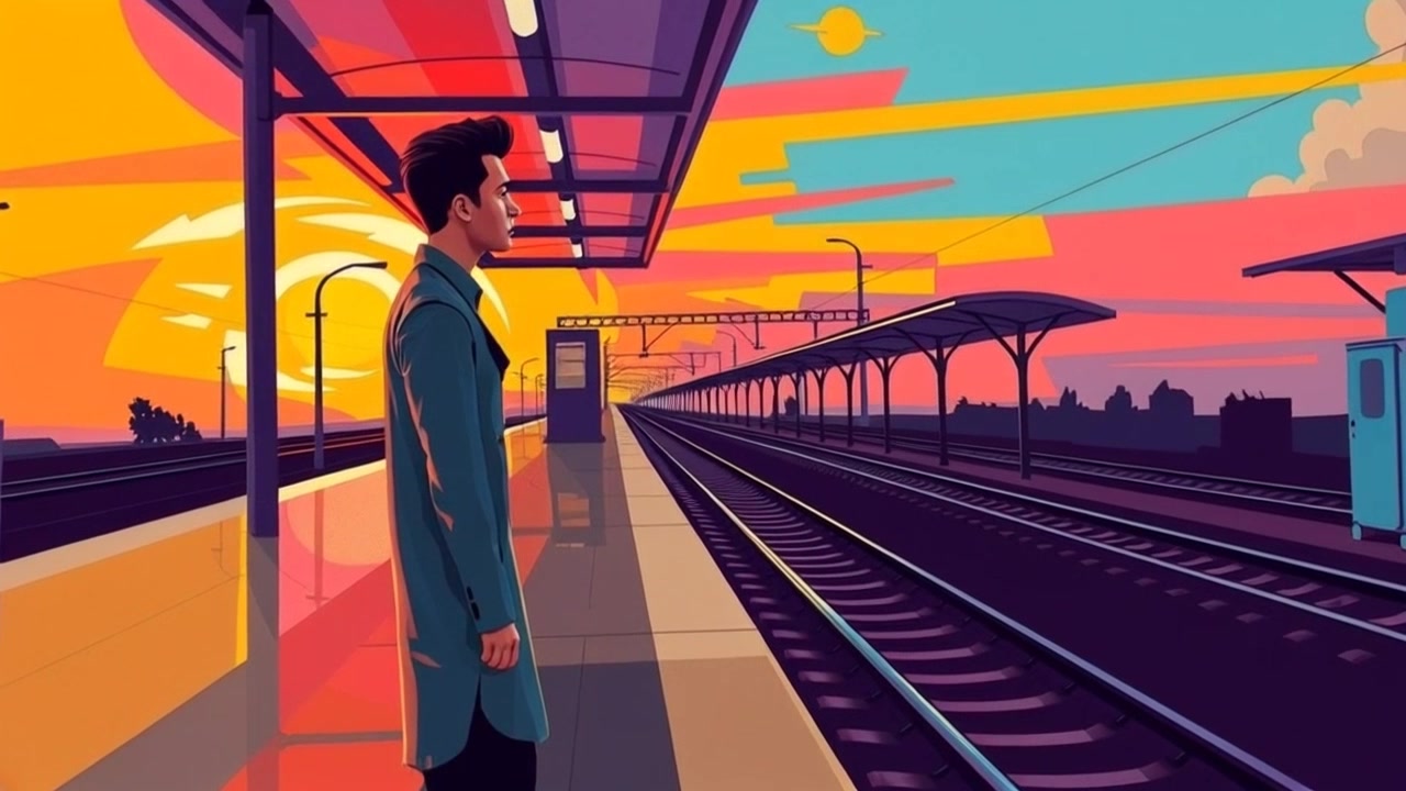 Subject: An Indian Boy stands alone on an empty railway platform. Subject movement: He gazes contemplatively over the tracks, his posture relaxed yet thoughtful. Scene: An empty railway platform set against a vibrant sunset, casting rich colors across the sky. Style: Warm, inviting evening light with a mix of orange, pink, and purple hues. Motion: The camera slowly pushes in towards the boy, capturing the serene atmosphere while framing him against the expansive, colorful sky.