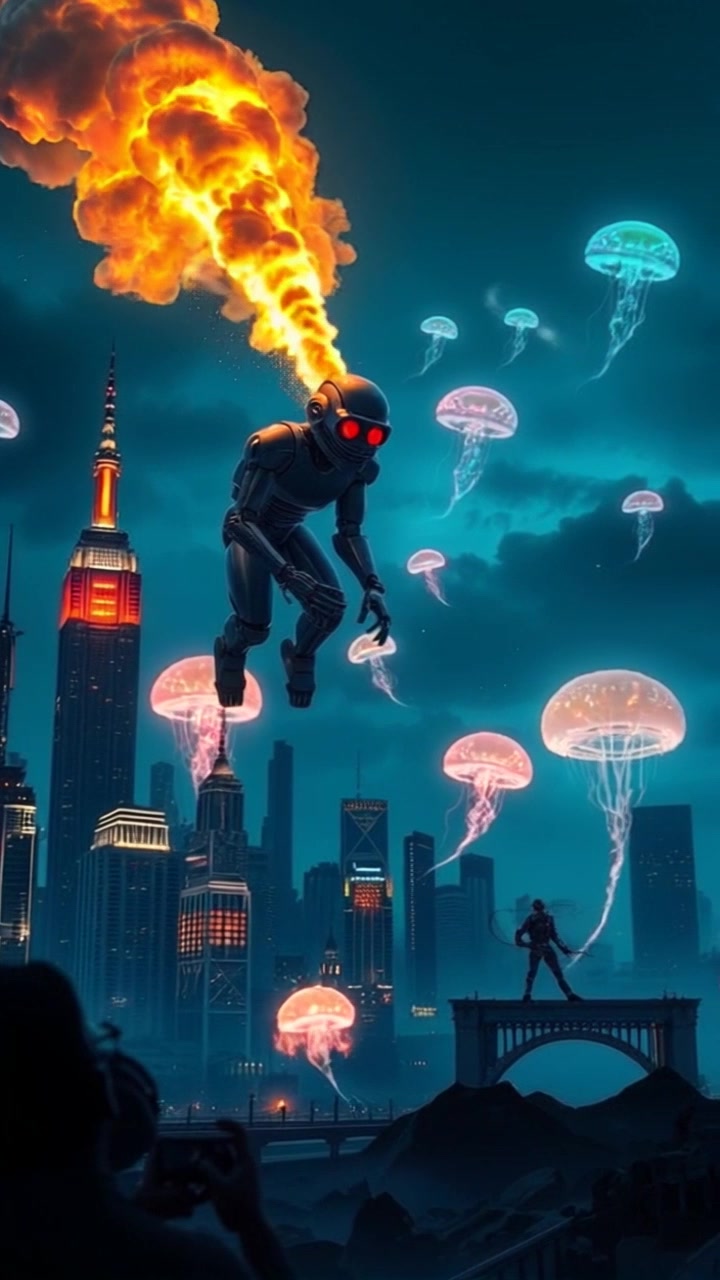 robborts laughing as they destroy the advanced world with fire