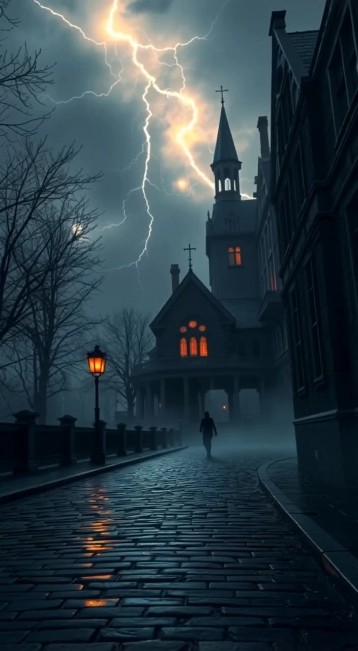 A figure walks slowly along the foggy cobblestone street, their footsteps gently echoing in the early morning haze.