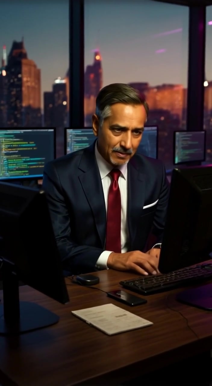 Raj types on the keyboard, focused intently on the code displayed on multiple screens.