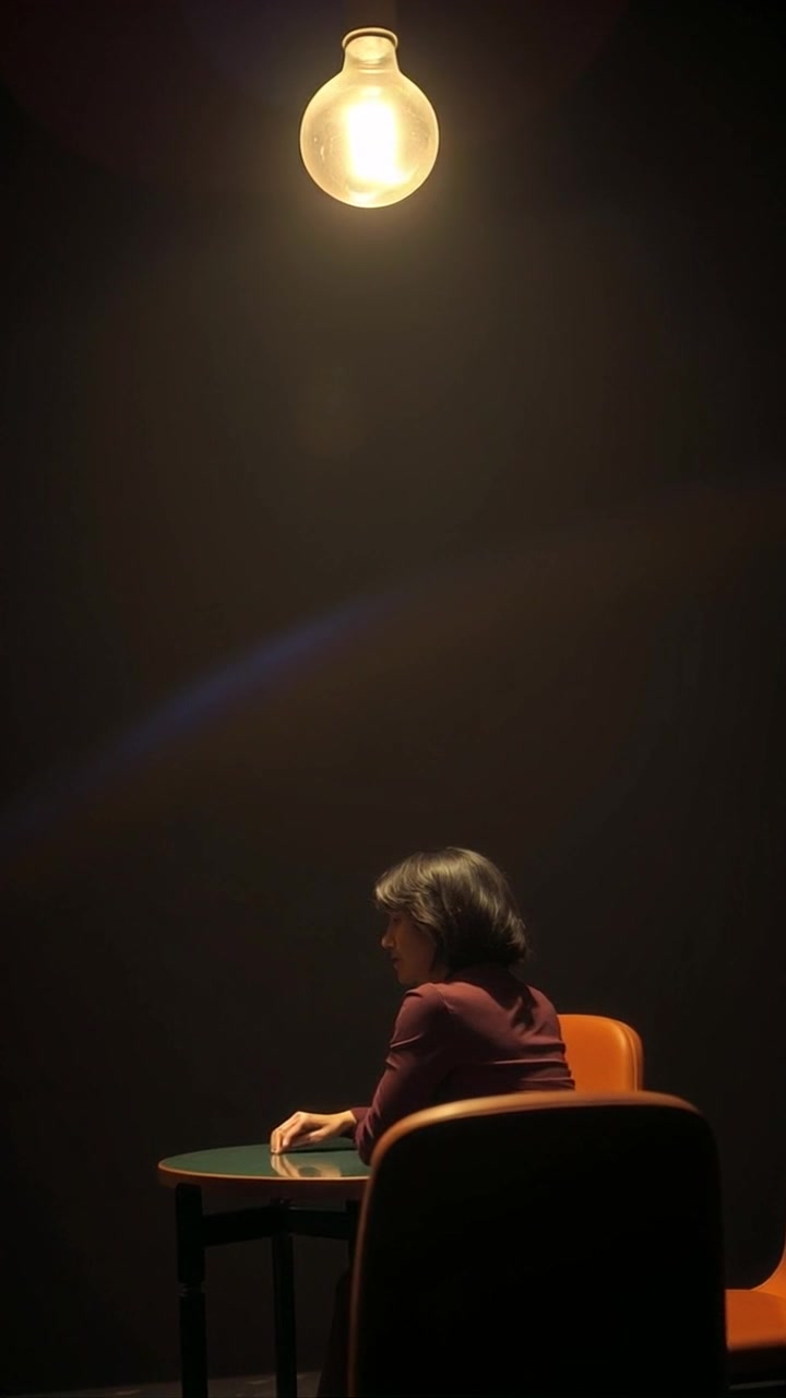 Rina, Dark room, Shadows, Flickering light bulb, Sitting alone at a table + Subject remains still + Interior of a mysterious room with a solitary flickering light bulb casting shadows around Rina. The camera slowly dollies in towards her as she sits motionless at the table, creating a sense of suspense and intrigue. + Slow dolly in, Low-key lighting, Mysterious atmosphere