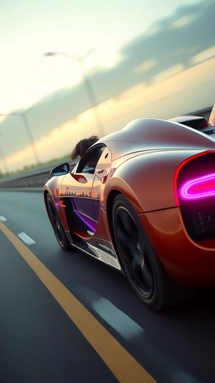 Subject: A sleek Bugatti racing down a highway. Subject movement: The car speeds forward, tires gripping the asphalt as it accelerates. Scene: A close-up view of the Bugatti on a vibrant, sunlit highway, surrounded by blurred scenery of trees and distant hills. Style: Bright, midday lighting accentuating the car's polished surface and aerodynamic lines. Motion: Camera follows the Bugatti in a dynamic tracking shot, zooming in to capture the details of the car's design while the background blurs out, creating a sense of speed.