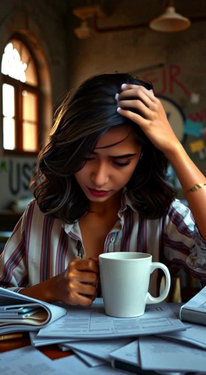 The protagonist gently rubs their forehead, staring blankly at the cluttered desk filled with scattered papers.