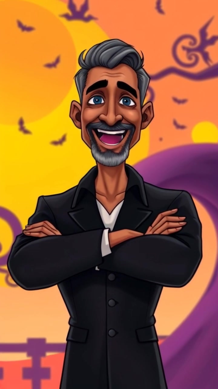 Subject: A confident individual standing with arms crossed, wearing a bold grin. Scene: The background is vibrant and energetic, enhancing the subject's charismatic presence. Motion: Camera smoothly pushes in, capturing the bold expression on the subject's face while subtly shifting focus to the lively backdrop, crafted under ambient lighting to enhance the mood.