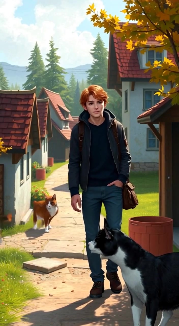 The man strolls gently down the dirt path, taking in the quaint village scenery and rustling leaves.