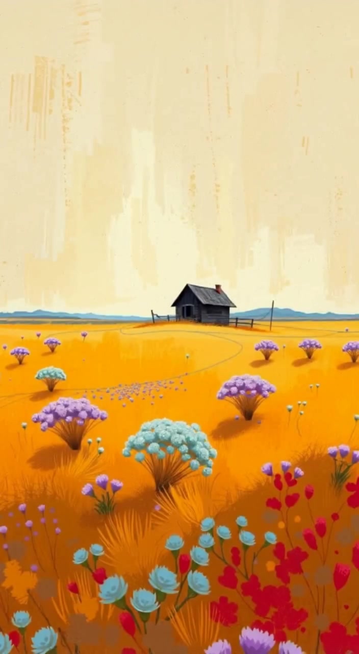 Tall grass sways gently in the breeze, while a wooden house stands silently under an expansive, cloud-filled sky.